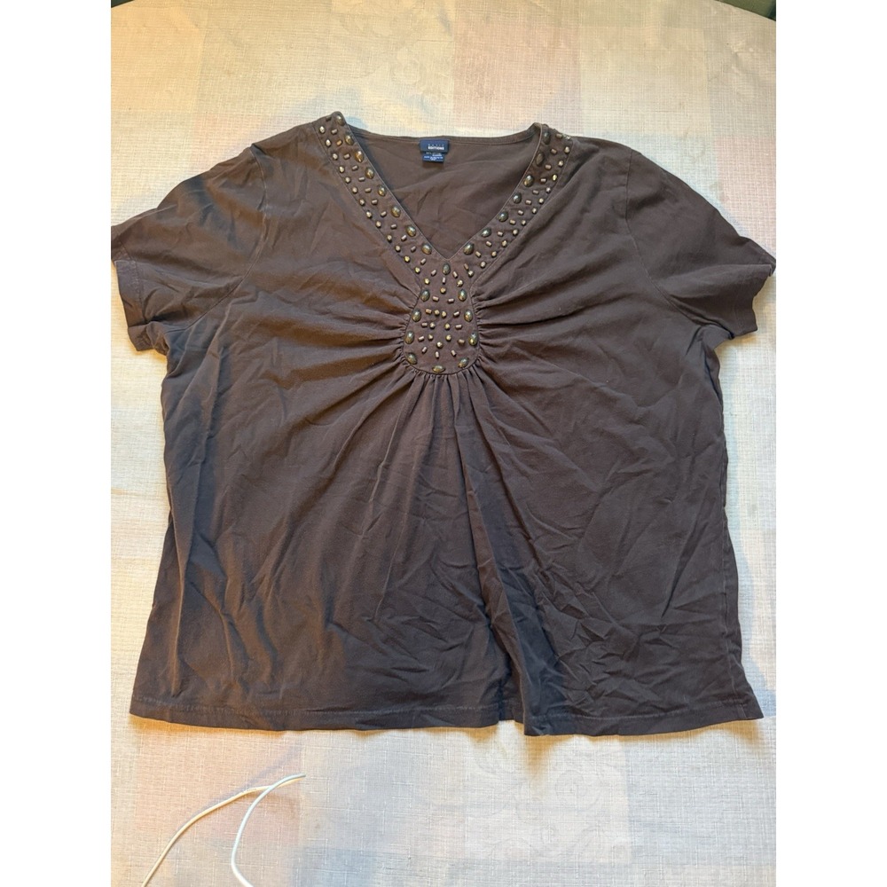 Basic Editions Women's 3X Brown Embellished Studded V-Neck Short Sleeve Top Plus